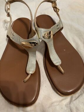 Michael Kors Gold Metallic T-Strap Sandals with Brown Footbed